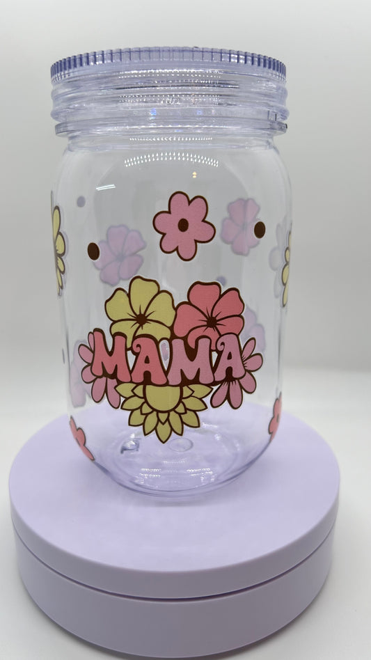 Mama Retro Floral, 24oz Plastic Mason Jar Cup