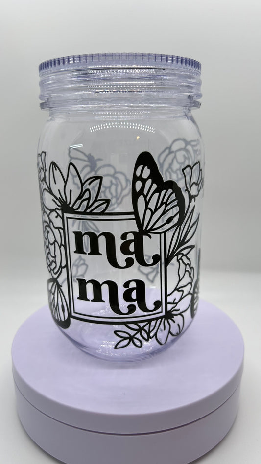 Mama Butterfly Floral, 24oz Plastic Mason Jar Cup