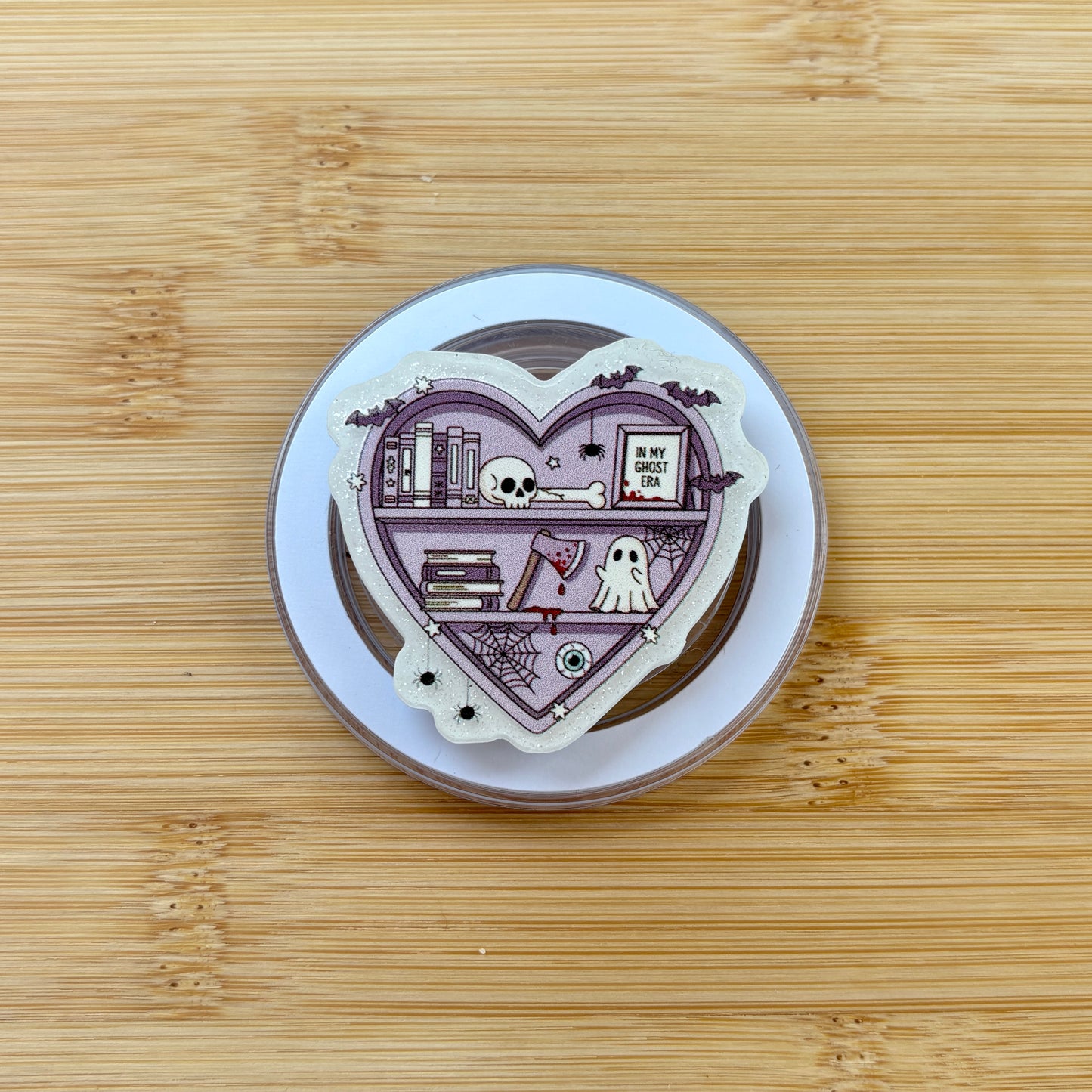 Spooky Ghost Heart Shelf Magnetic Grip | Kindle & Phone Holder, Compatible With MagSafe Devices
