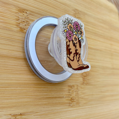 Floral Cowgirl Boots Magnetic Grip | Kindle & Phone Holder, Compatible With MagSafe Devices