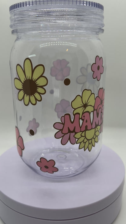 Mama Retro Floral, 24oz Plastic Mason Jar Cup